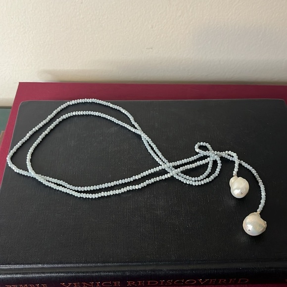 Blue Crystal Lariat Wrap Necklace with Large Organic Baroque Pearls - Picture 5 of 6